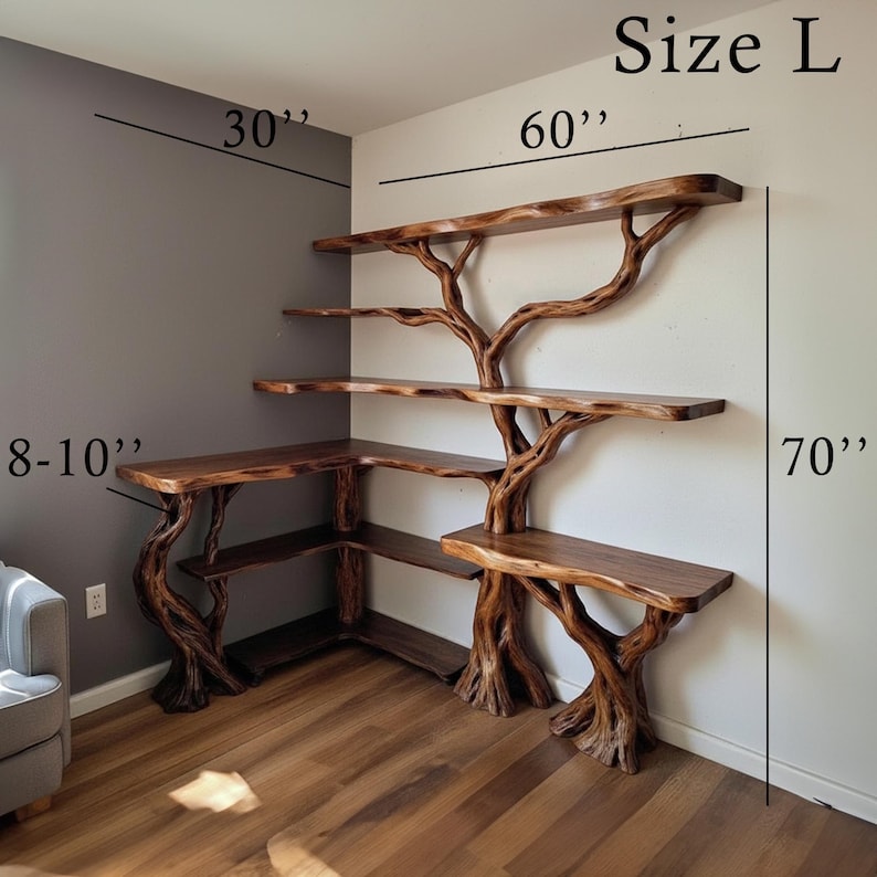 Aurenroot Solid Wood Corner Tree Branch Floating Bookshelf