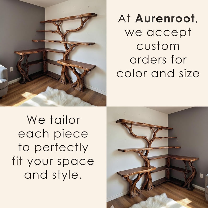 Aurenroot Solid Wood Corner Tree Branch Floating Bookshelf