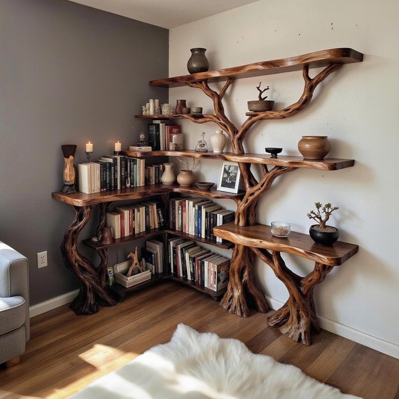 Aurenroot Solid Wood Corner Tree Branch Floating Bookshelf