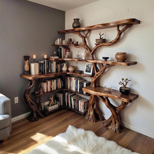 Aurenroot Solid Wood Corner Tree Branch Floating Bookshelf