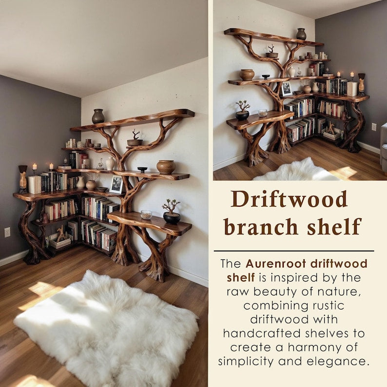 Aurenroot Solid Wood Corner Tree Branch Floating Bookshelf