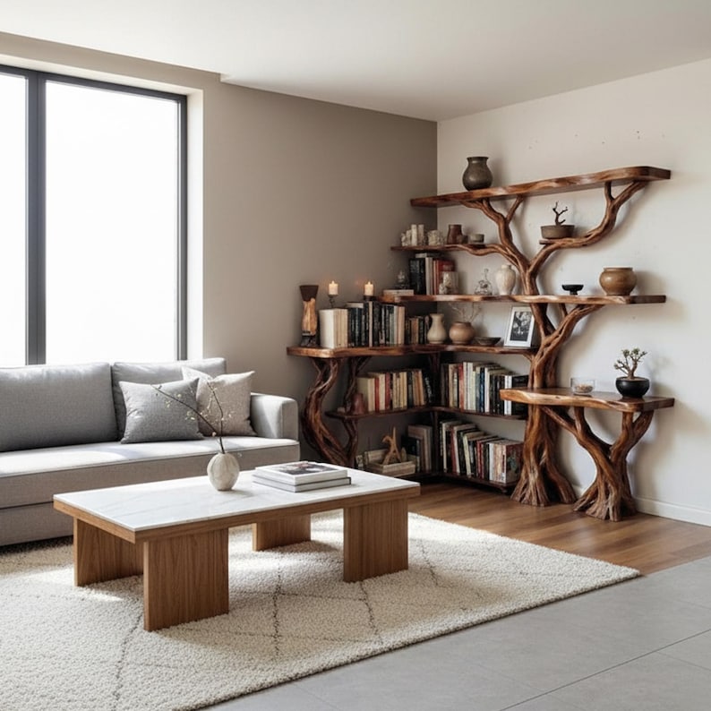 Aurenroot Solid Wood Corner Tree Branch Floating Bookshelf