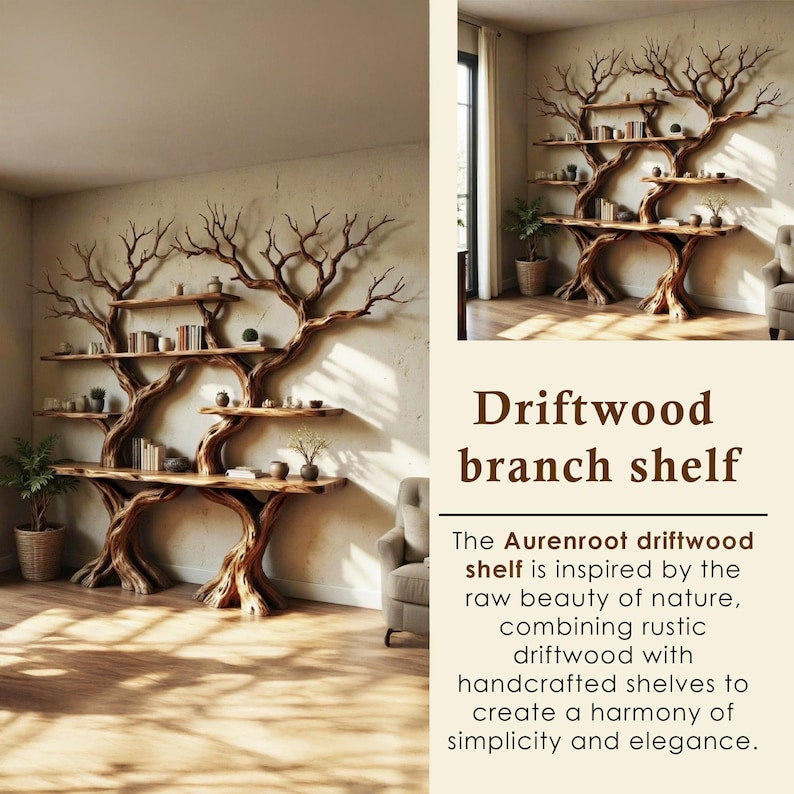 Tree Branch Bookshelf Handcarved Driftwood Sculpture Art
