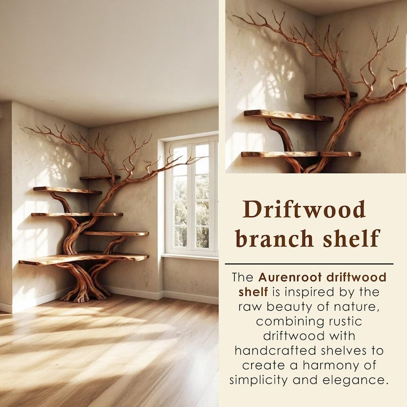 Aurenroot Solid Wood Corner Tree Branch Floating Bookshelf