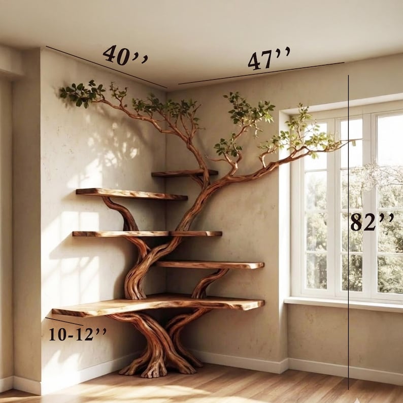 Aurenroot Solid Wood Corner Tree Branch Floating Bookshelf