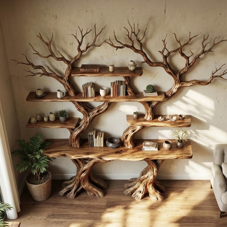 Tree Branch Bookshelf Handcarved Driftwood Sculpture Art