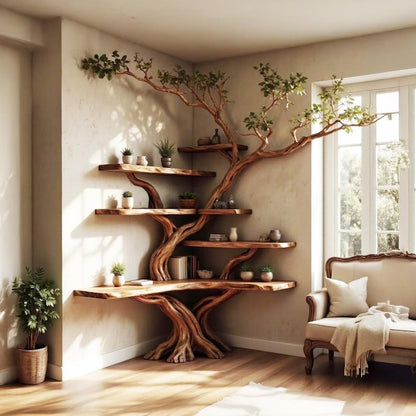 Aurenroot Solid Wood Corner Tree Branch Floating Bookshelf