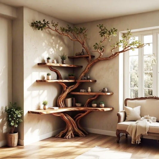 Aurenroot Solid Wood Corner Tree Branch Floating Bookshelf