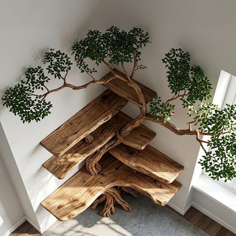 Aurenroot Solid Wood Corner Tree Branch Floating Bookshelf