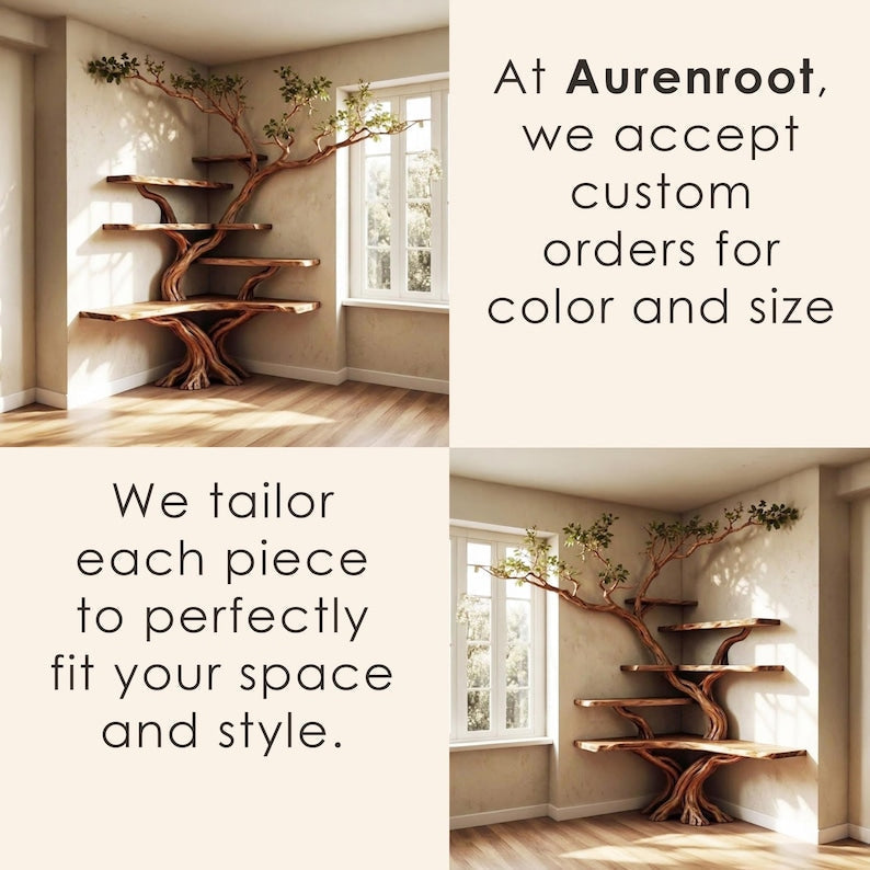 Aurenroot Solid Wood Corner Tree Branch Floating Bookshelf